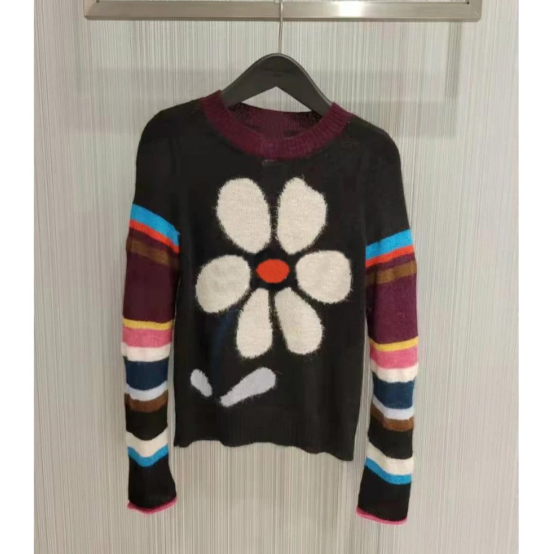 

French Style Fashion Color Stripe Printed Pullover Sweater Women 2022 Autumn Winter New Simple Goddess Crew Neck Knitted Top