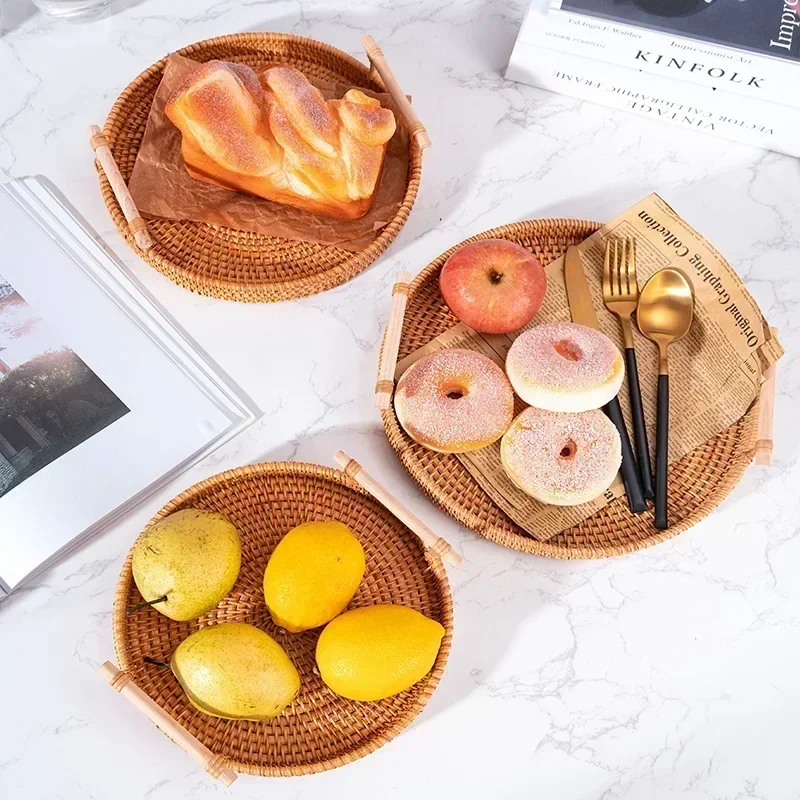 Handwoven Rattan Serving Tray with Double Handles, Multipurpose Snack Bread Platter for Tea Party Kitchen Home Decor 5