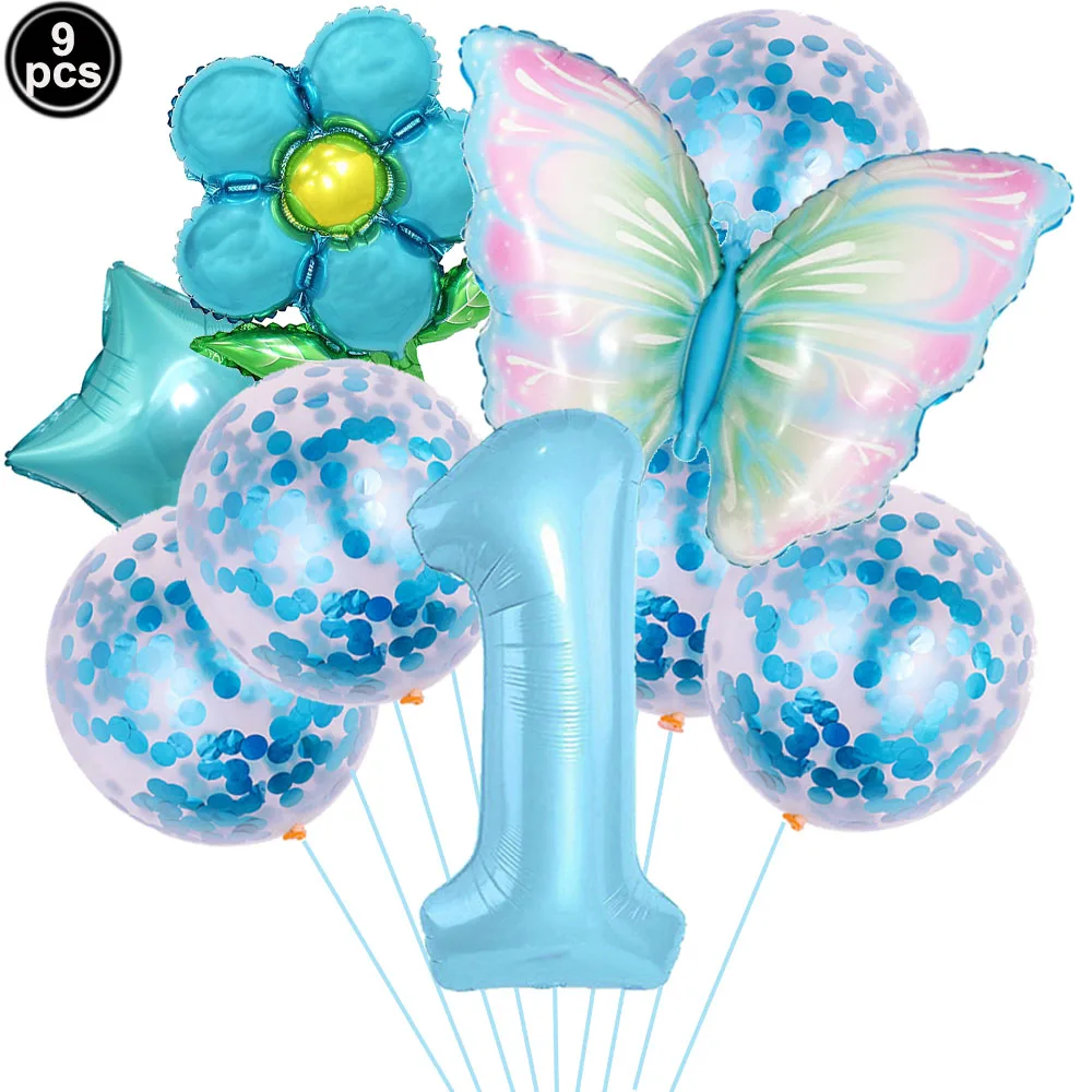 Blue Bow Themed Birthday Party Decoration Set - Balloons, Banner, Garland, & Cake Toppers