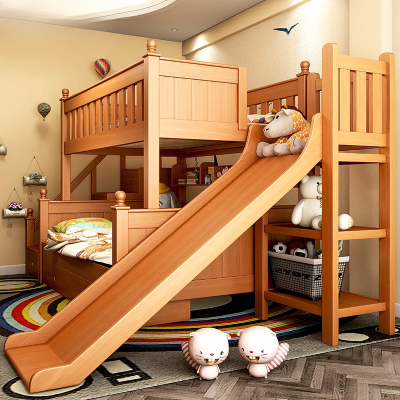 Height-Adjustable Upper and Lower with Slide Beds Stair Bed Bunk Solid Wood