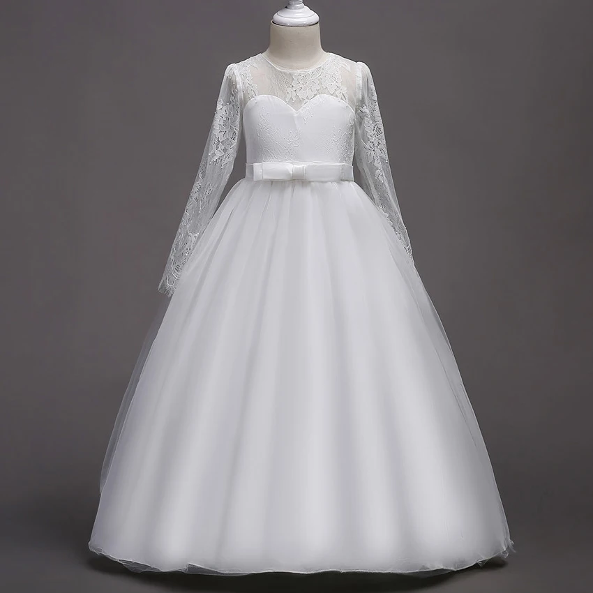 

4-15Yrs Kids Girls Long White Baptism Lace Flower Party Ball Gown Prom Dresses Kids Girl Princess Wedding Kids Communion Dress