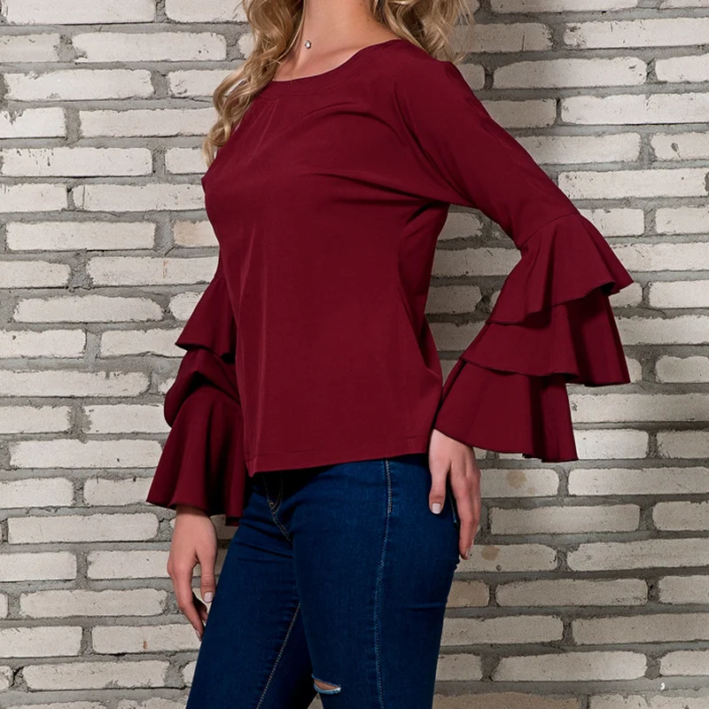 

2023 New Fashion Women's Tops Flare Long Sleeve T-shirt Women's Tops White Clothing Casual Tops with Ruffles Women Clothing