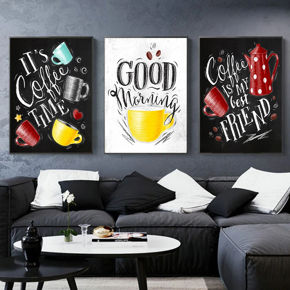 

Colorful Coffee Cup Abstract Line Drawing Print Coffee Time Quote Poster Wall Art Canvas Painting Cafe Kitchen Living Room Decor
