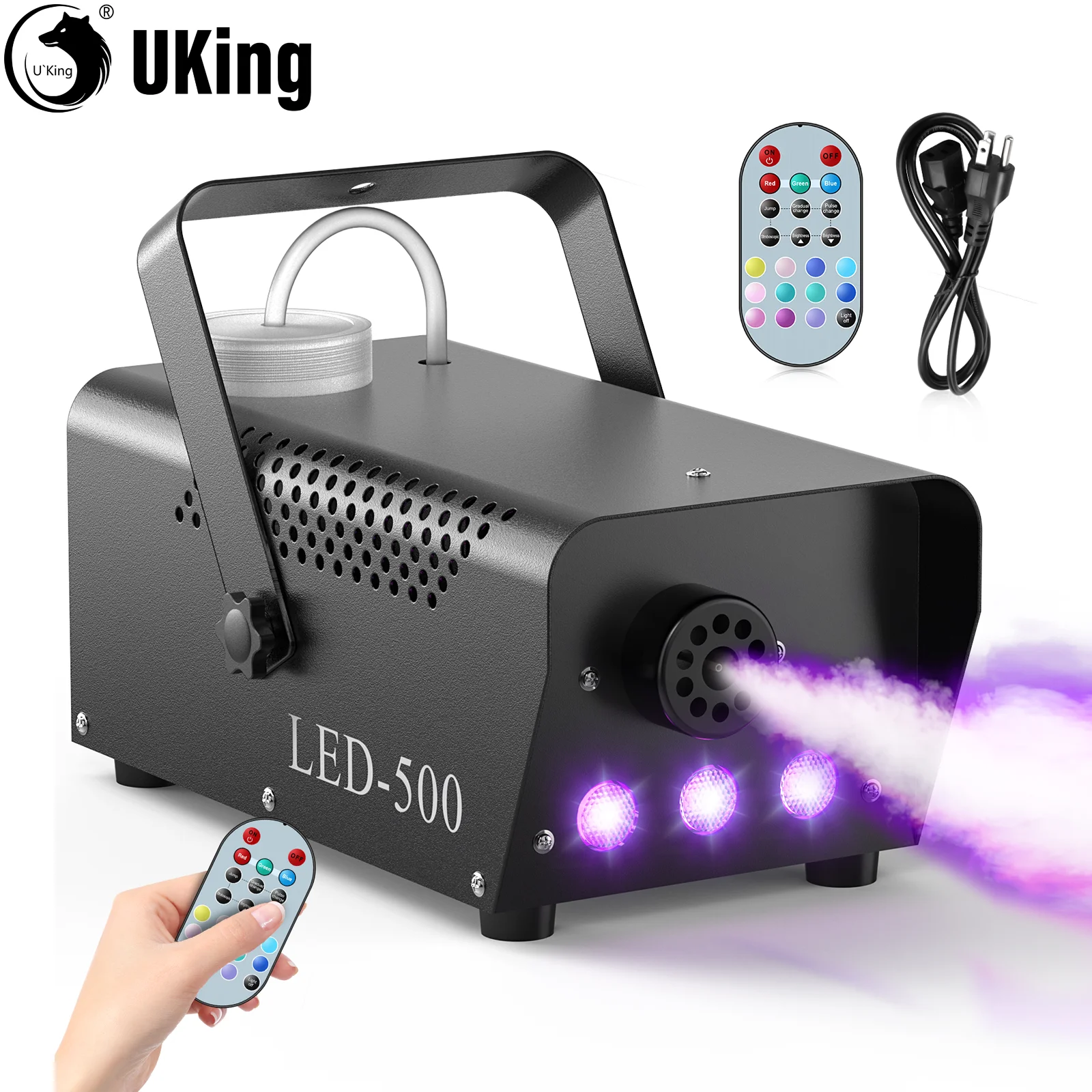 Mini Smoke Machine U'King 500W Smoke Machine RGB LED Fog Machine Stage Lighting Effect with Remote Control Fogger For Wedding DJ Show Bar Party
