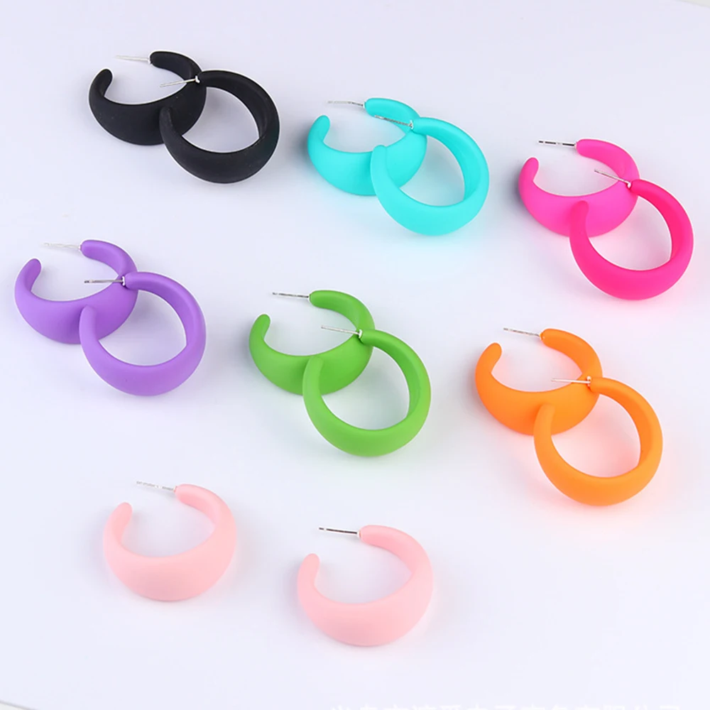 Vintage Candy Color Acrylic Big Earrings C-Shaped Neon Colorful Hoop Earrings for Women Fashion Summer Party Piercing Jewelry