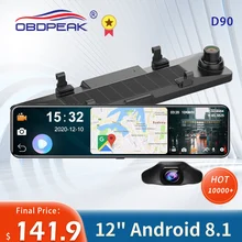 Caméra de tableau de bord avec rétroviseur, Android 8.1, 4 go + 32 go, 4G, 12 pouces, flux de médias, navigation GPS, double objectif, 1080P, Dvr, ADAS, Super nuit