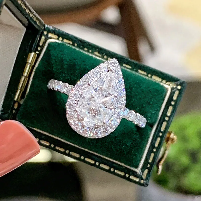 LUOWEND 100% 18K White Gold Rings Classic Pyriform Design Real Natural Diamond Ring for Women Wedding Engagement Anniversary