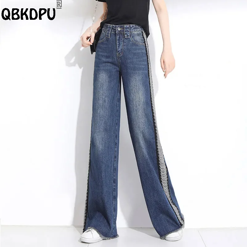 Fashion Wash Wide Leg Jeans Design Tassel High Waist Baggy Denim Pants Oversize 34 Vintage Jean Trousers Office Lady Vaqueros pink jeans women s 2023 summer clothes fashion wash loose hole design hot girl casual pants temperament all match lady trousers