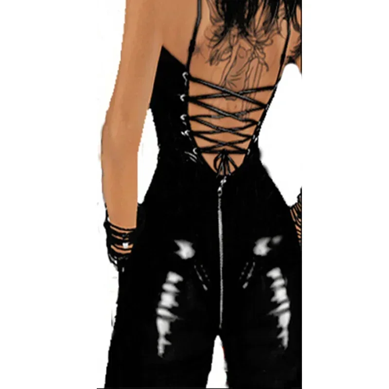 Women Underwear Sexy Costume PVC Leather Ladies Open Crotch Latex Zipper Bodysuit Catsuit Erotic Lingerie Front To After Lace-up Clubwear sexy lingerie