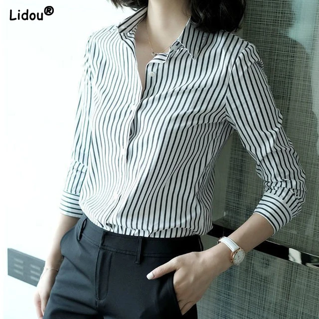Blusa informal de manga larga para mujer, blusa fina con botones a rayas  para oficina, negocios, moda Formal, primavera y verano - AliExpress