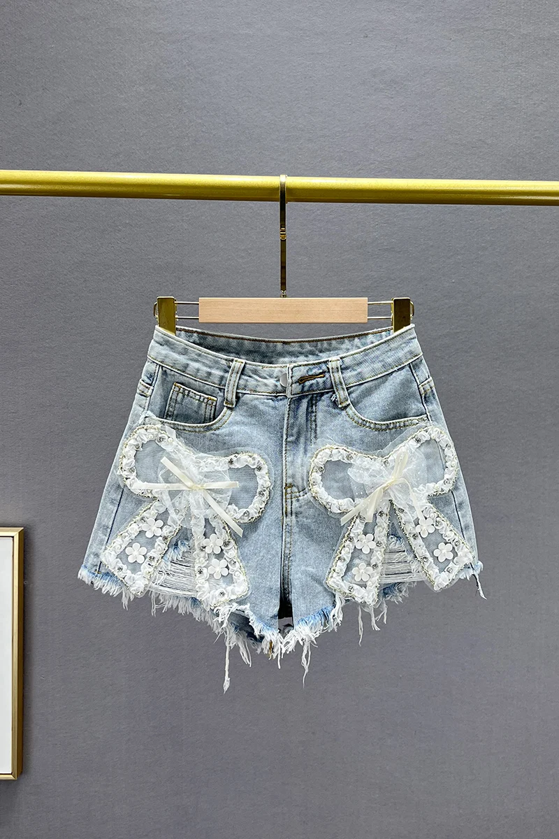 A- Line Denim Shorts Women's 2023 New Summer High Waist Slimming Short Jeans Diamond Beaded Ripped Wide-Legged Hot Pants