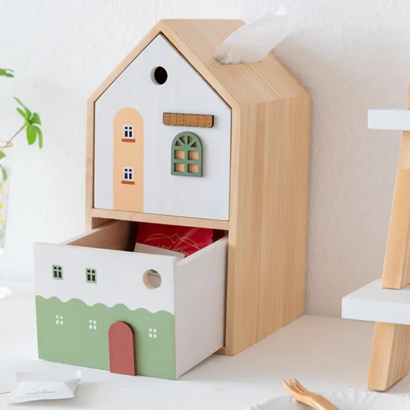 

Creative Wooden House Shape Tissue Box with Drawer Organizer Storage, Desktop Home Decoration