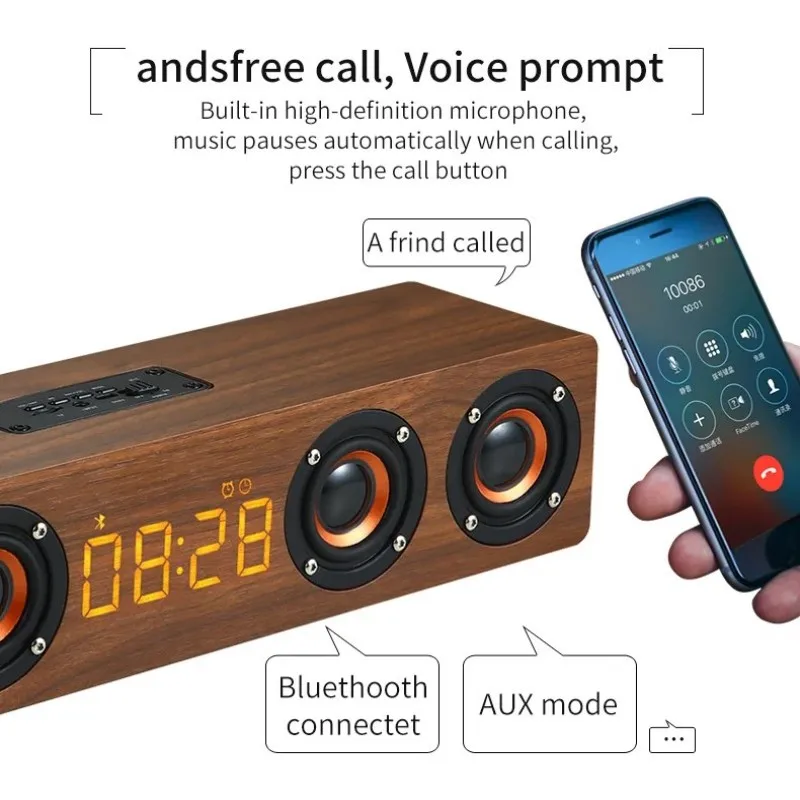 W8C 12W Wooden Bluetooth Speaker With 4 Loudspeakers 52mm Diameter TF Card Playback 3.5mm AUX Audio Input FM Radio Clock_voghion.com