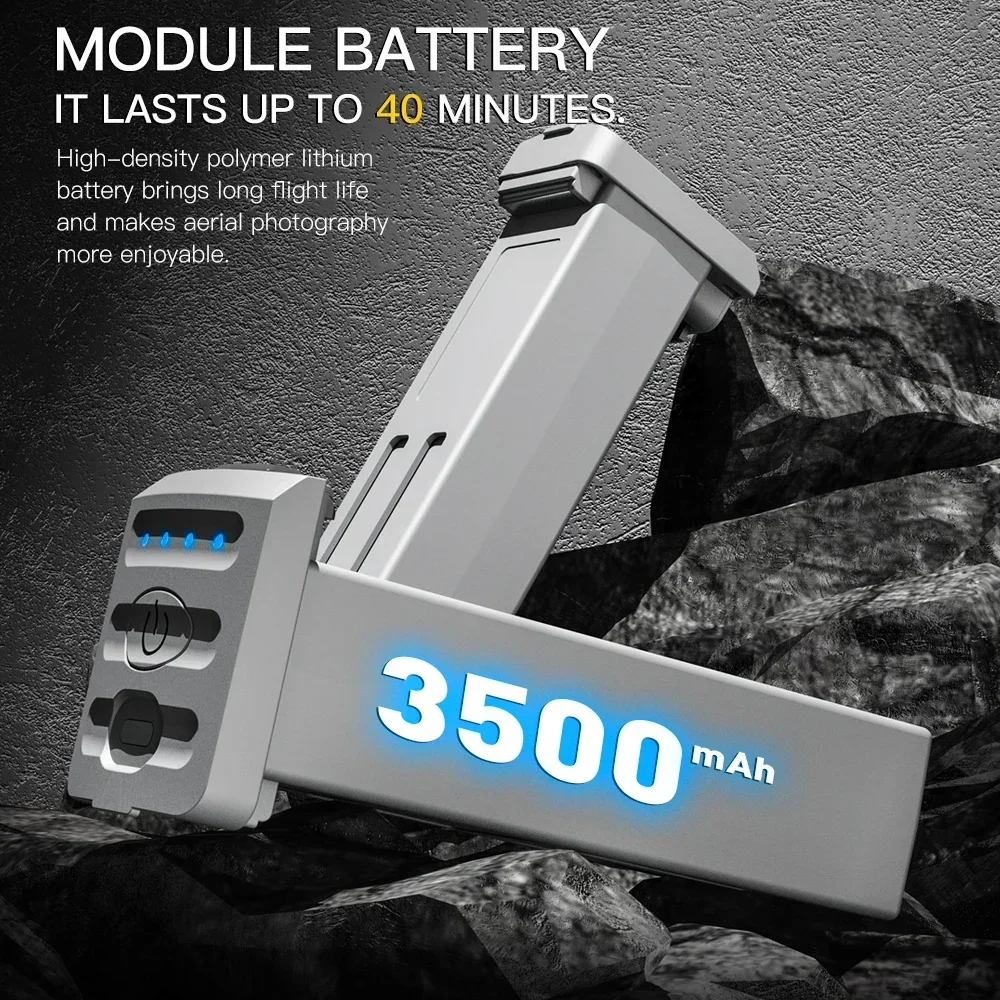 Batterie drone 7.6V 3000mAh haute capacité grise posée à côté d'un drone, vue latérale.