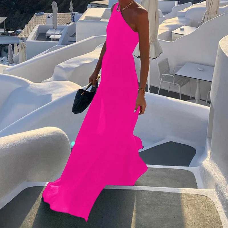 

Women Sexy Skew Collar A-Line Bohemian Dress Spring One Shoulder Solid Long Party Dress Summer Sleeveless Backless Maxi Dresses
