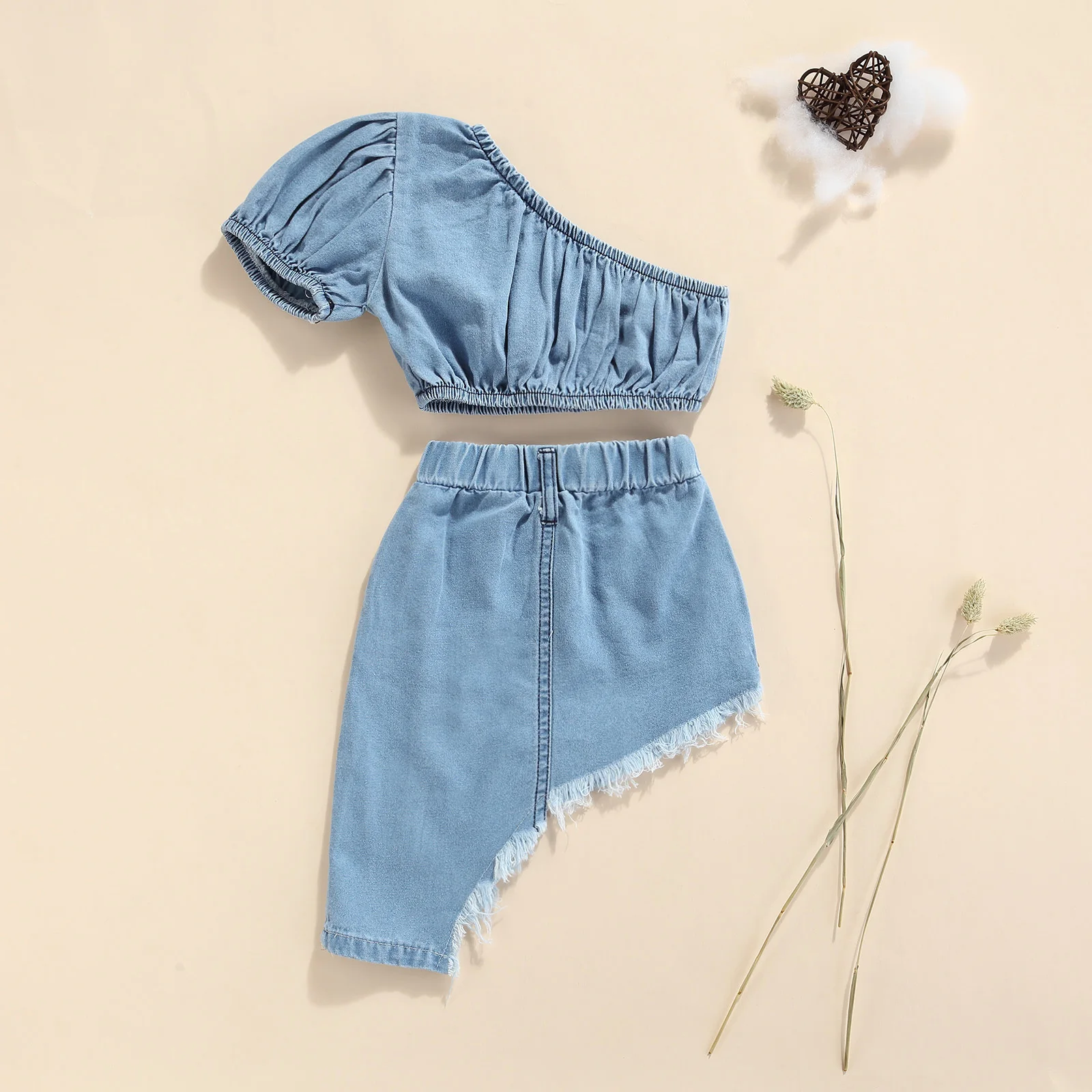 

Girls Denim Clothes Set Children Summer Toddler Baby Solid Color Short Sleeve Off-shoulder Cropped Tops Irregular Hem Skirt