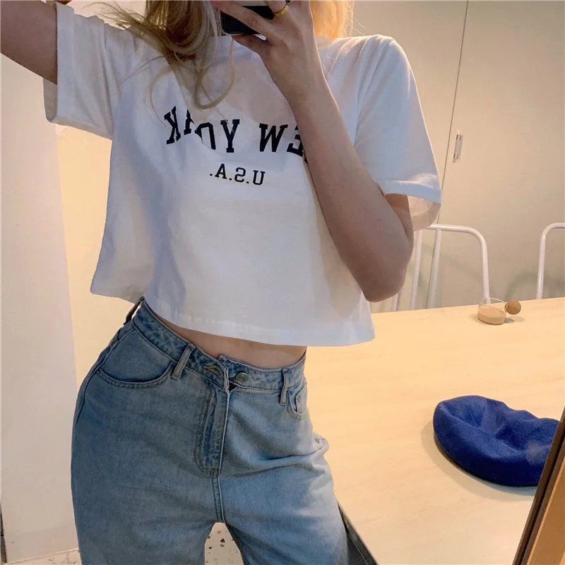 

American retro Letter printing Women short sleeve Crop top