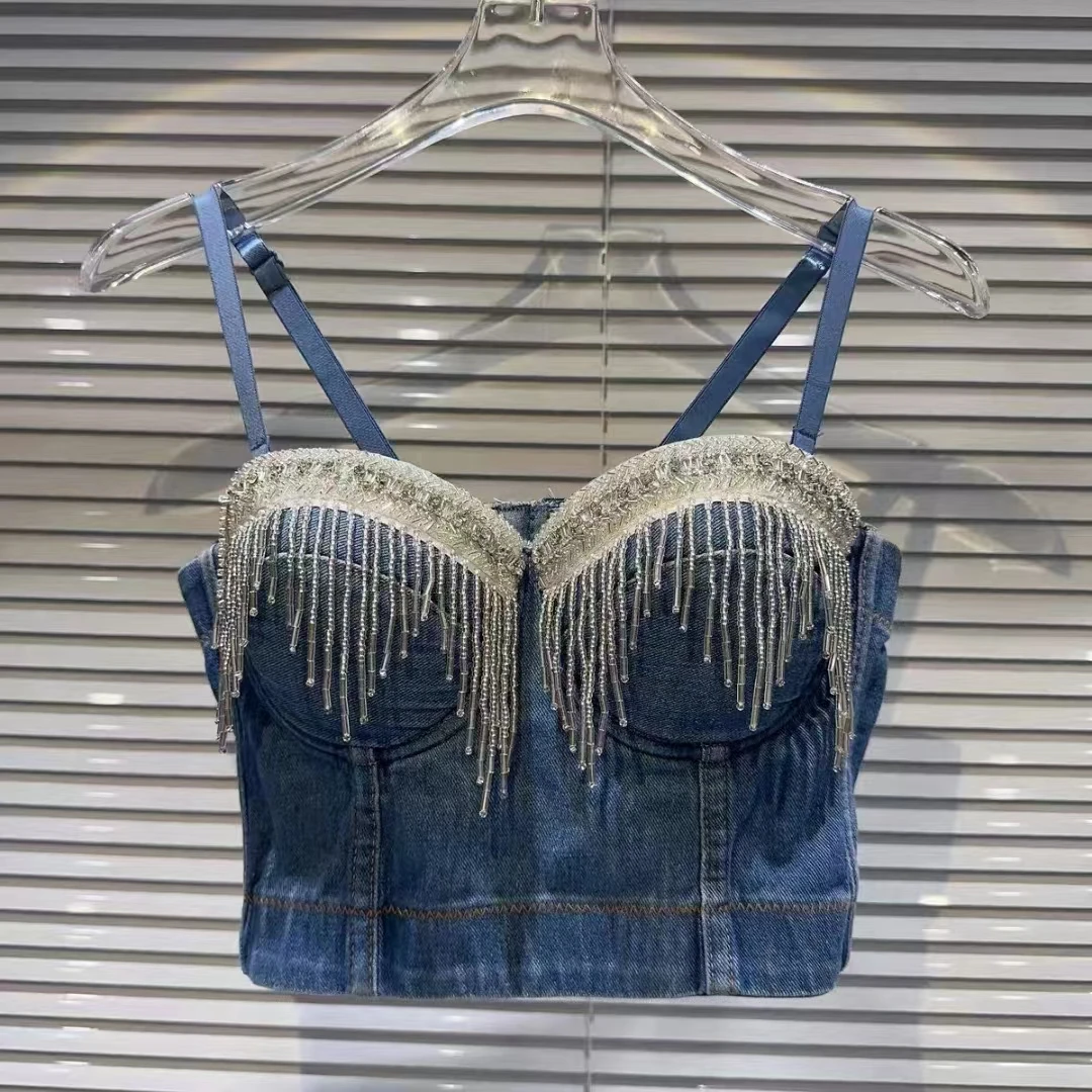 

Nightclub style stage performance outfit with sexy diamond CAMIS fringes and exposed navel short denim top y2k