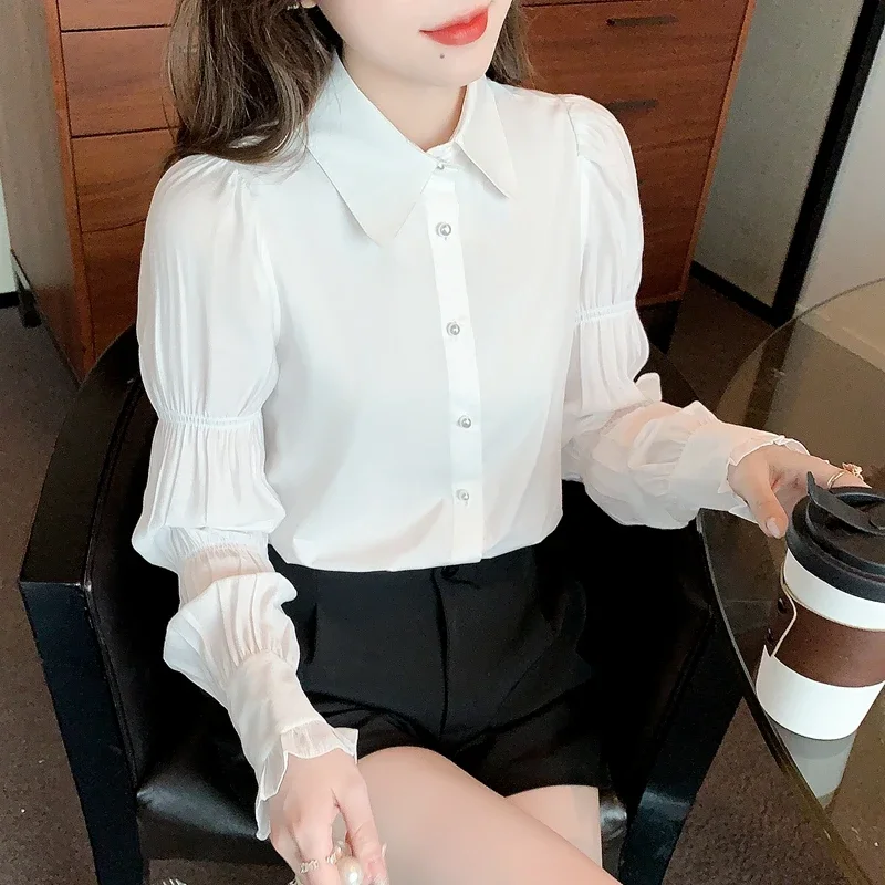 Elegant White Chiffon Shirts Office Women Autumn Winter Long