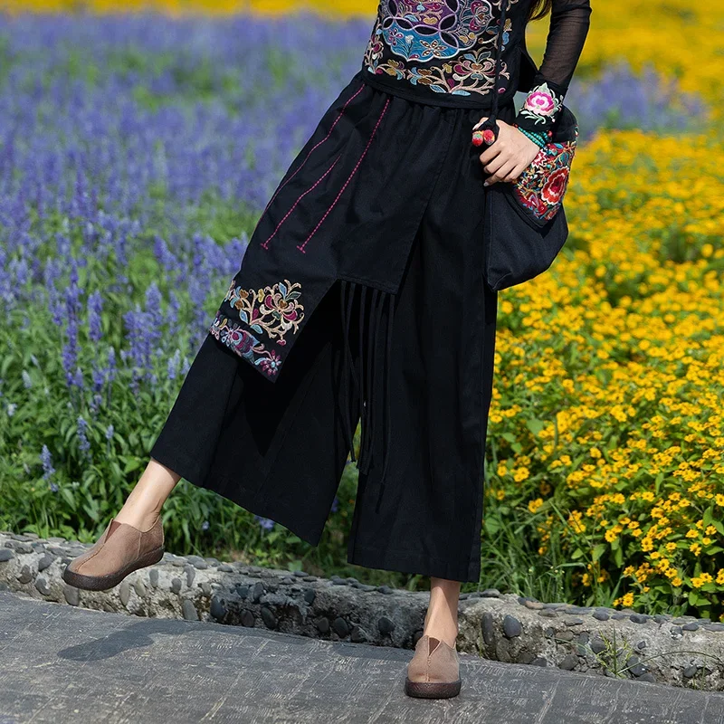 New Ethnic Harajuku Tassel Patchwork Women Black Pants Skirts Vintage Embroidery Elastic Waist Trousers Chinese Style Clothing