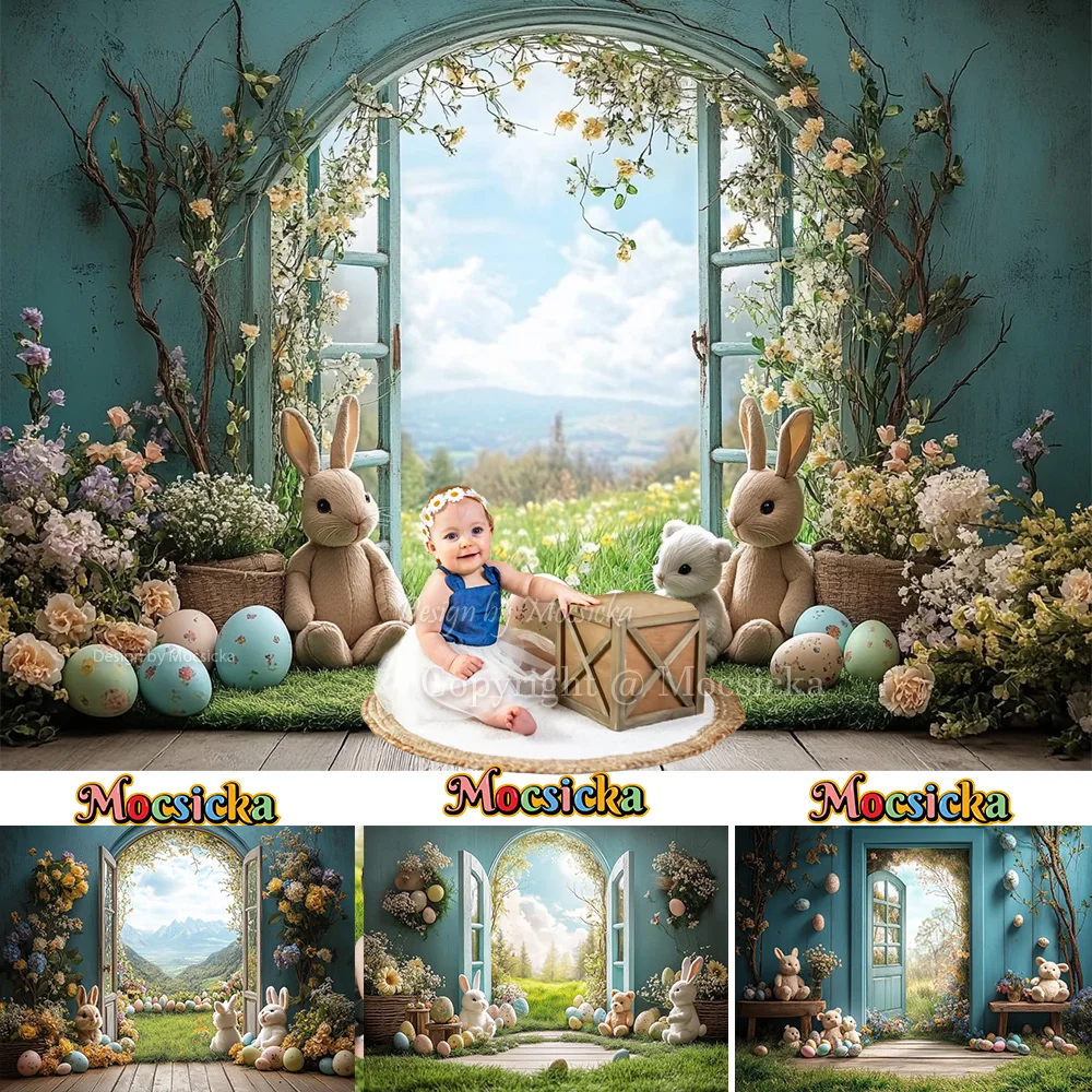 Mocsicka Spring Easter Backdrop 7x5ft Blue And White Rustic Door Spring - View #5