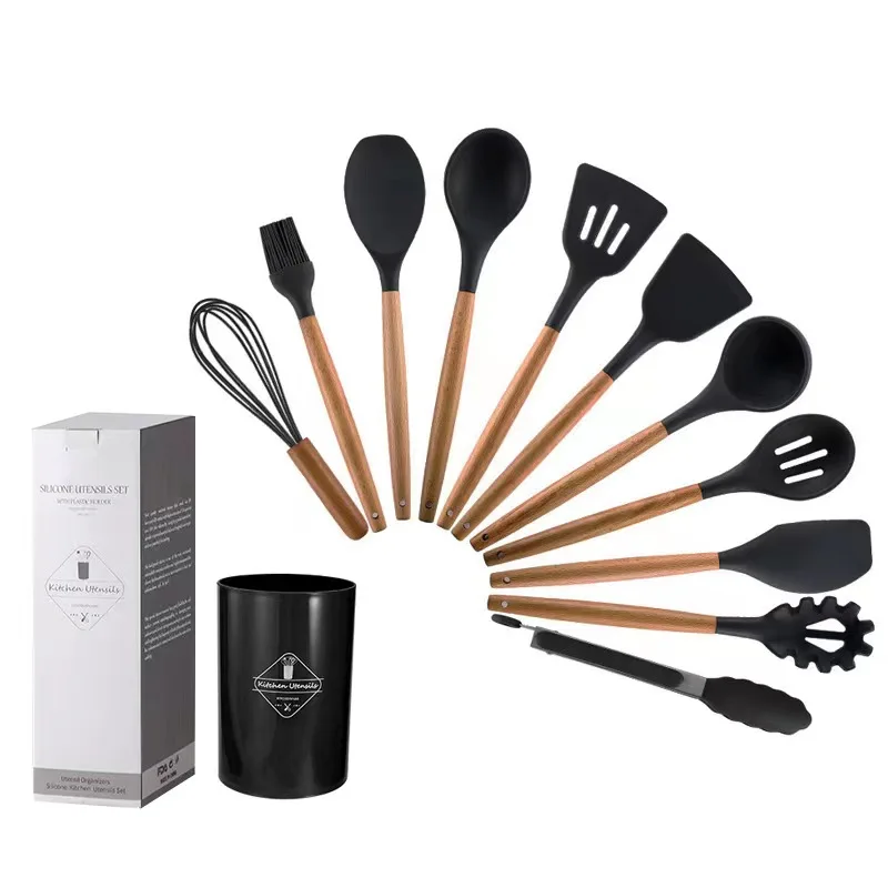 12Pcs Non-Stick Silicone Cooking Utensils Set Heat-Resistant Spatula Spoon  Bbq Clip Beech Handle Soup Ladle Kitchen Gadgets Set