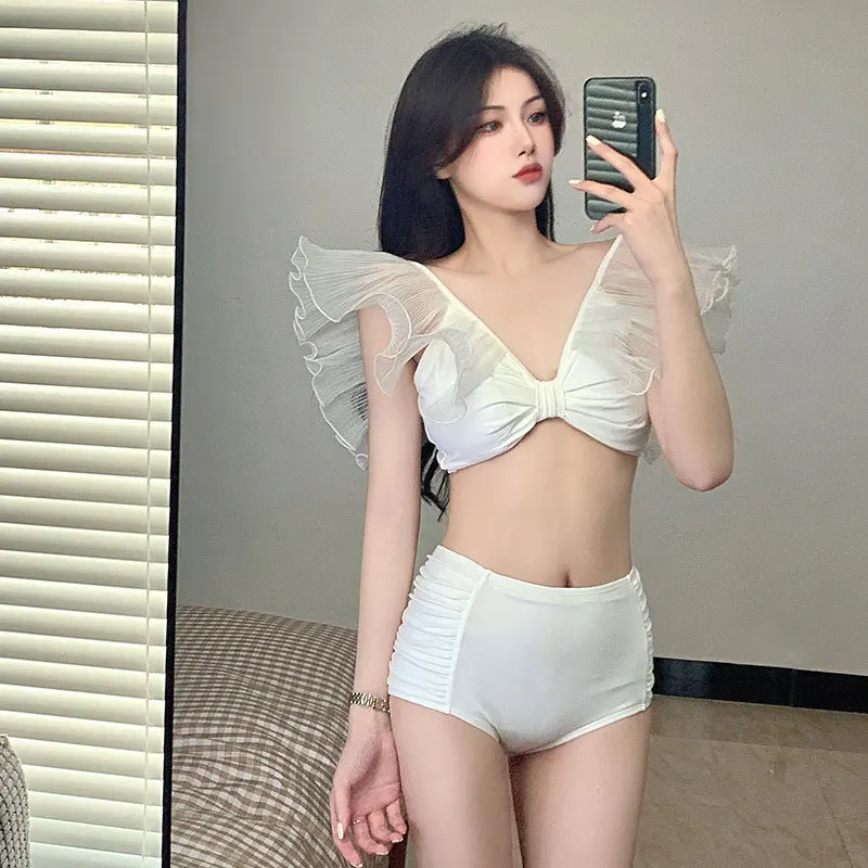 

2021 new white fairy fan split swimsuit women high waist sexy backless bikini swimsuit