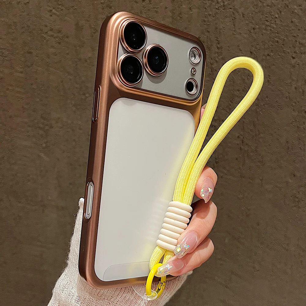 Luxury Plating Matte Translucent Phone Case with Air Lens Protection and Lanyard