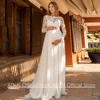 Pregnant Bride Wedding Dress Customized Scoop Neck Full Sleeves Lace Applique Sweep Train Chiffon Summer Bridal Gown 1