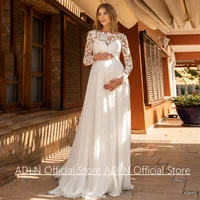 Pregnant Bride Wedding Dress Customized Scoop Neck Full Sleeves Lace Applique Sweep Train Chiffon Summer Bridal Gown 1