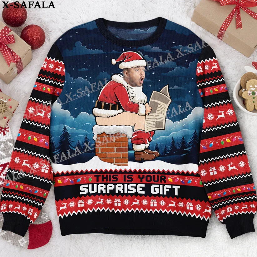 thumbnail image 1 of Suéteres de punto navideños feos con personajes/mascotas personalizados y fotos personalizadas, jerséis de regalo de Navidad, tops para parejas, fiestas, unisex, informales, 5, 1 of 5
