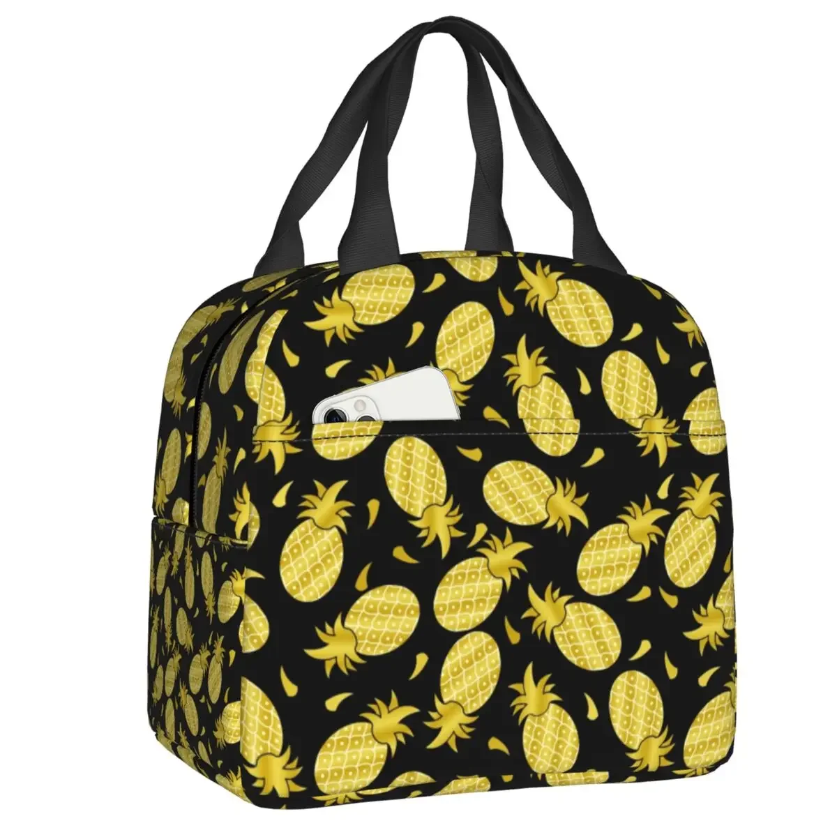

Golden Pineapple Pattern Fruit Insulated Lunch Bag for School Office Leakproof Thermal Cooler Lunch Box Women Kids