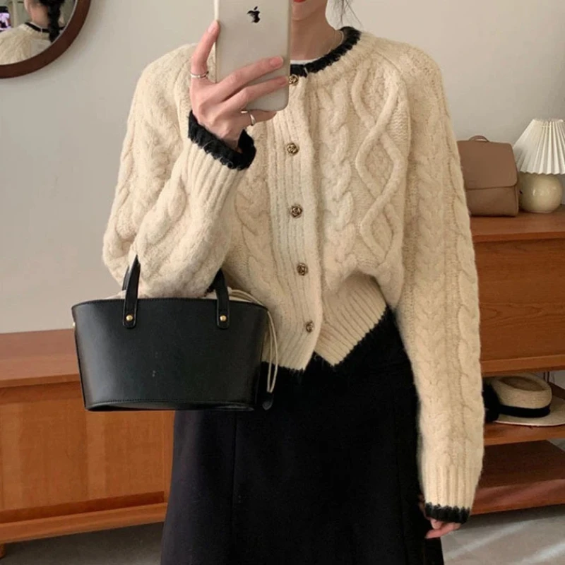 New Autumn and Winter O Neck Women's Cardigan Sweater Fashion Elegant Diamond Pattern Knitted Solid Color Single-breasted Coat