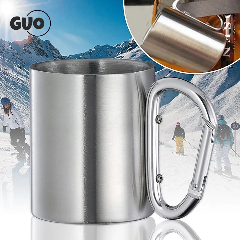 Portable Cups 220ml Camping Travel Stainless Steel Cup Carabiner Hook Handle Picnic Water Mug Outdoor Travel Hike Cup