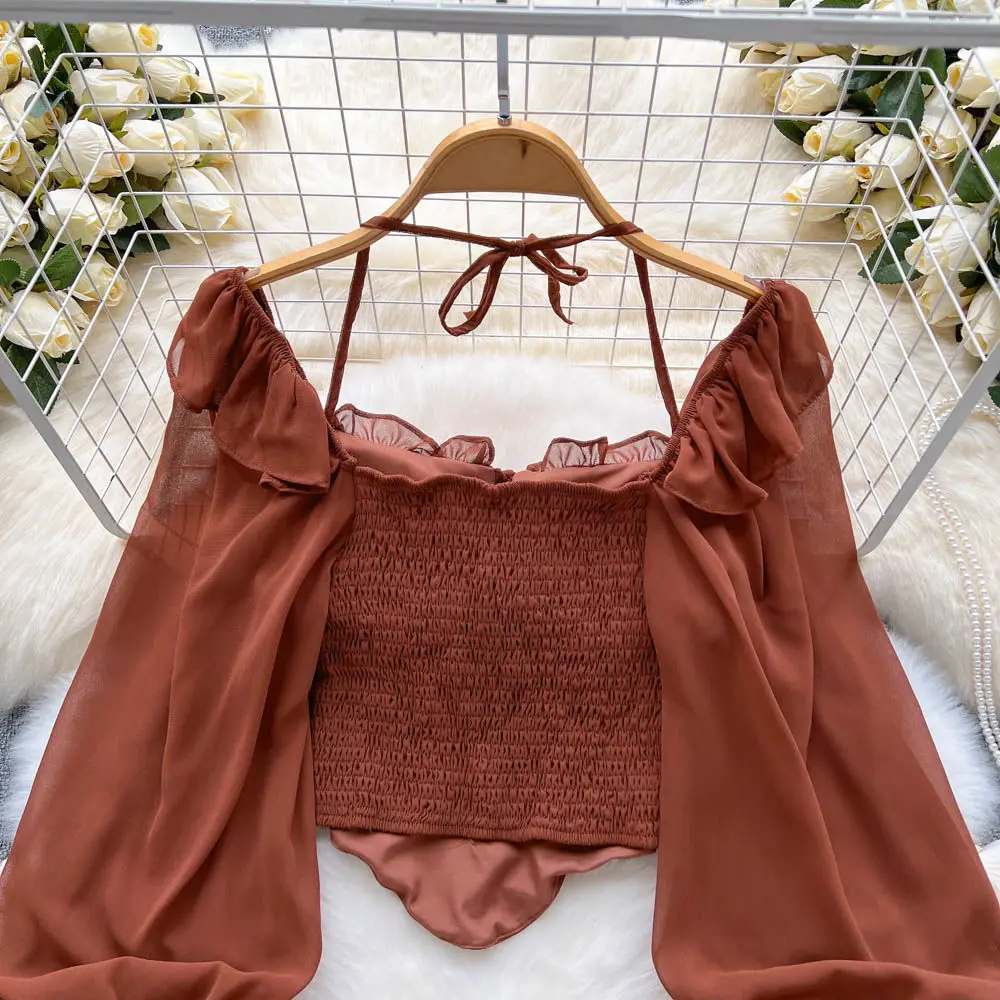 White Blouses Women Aesthetic Solid All-match Vintage Casual Ladies Tops Slim Schoolgirls Spring Bandage Lantern Sleeve Clothing