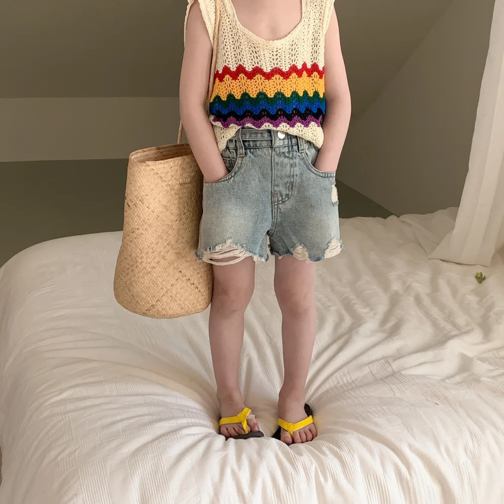 

5377C Children Clothes Girl's Jeans or Knitted Vest 2023 Summer New Korean Girl's Hot Pants with Holes Knitted Hollow Out Vest