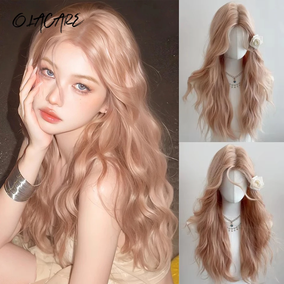 Pink Gold Synthetic Long Straight Wig with Bangs for Women