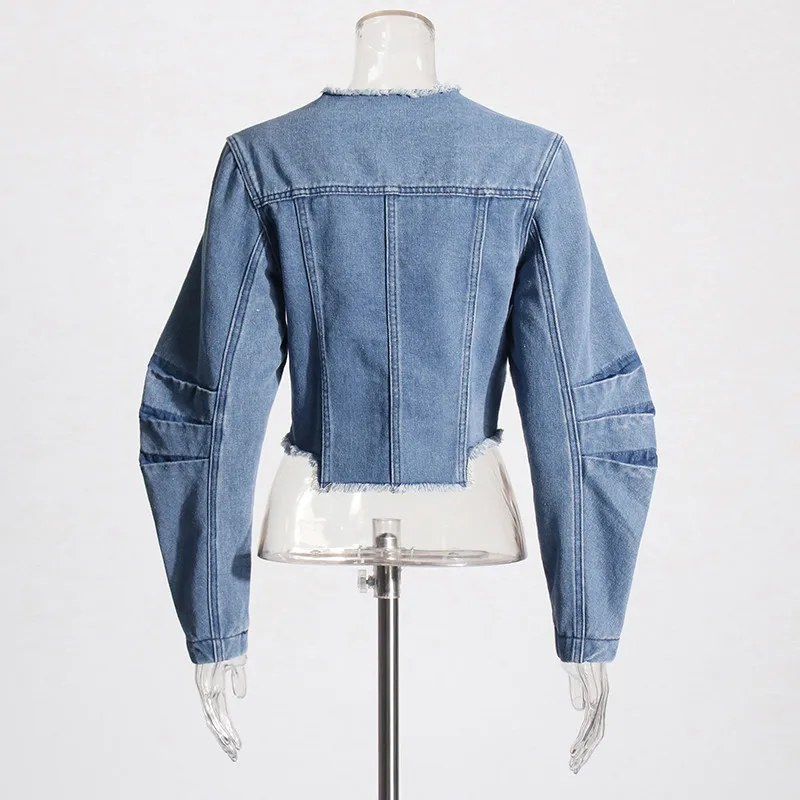 BPN Casual Patchwork Rawhem Jackets For Women Round Neck Long Sleeve Minimalist Solid Denim Shorts Coats Female Fashion Clothing