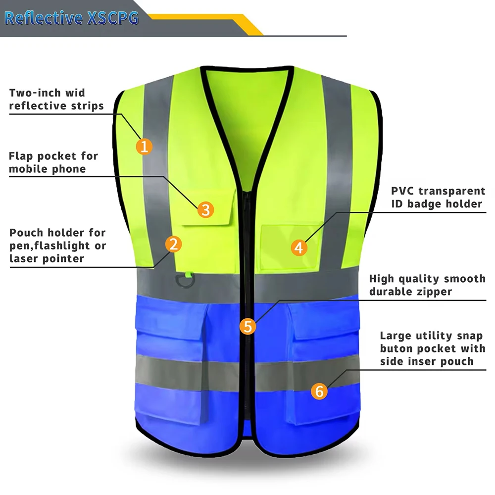 Size S-5XL Safety Vest with Pockets Zipper High Visibility Construction Security Working Clothes Workwear