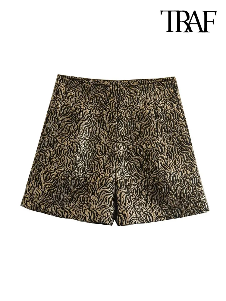 

TRAF Women Fashion Jacquard Shorts Vintage High Waist Zipper Fly Female Short Pants Mujer