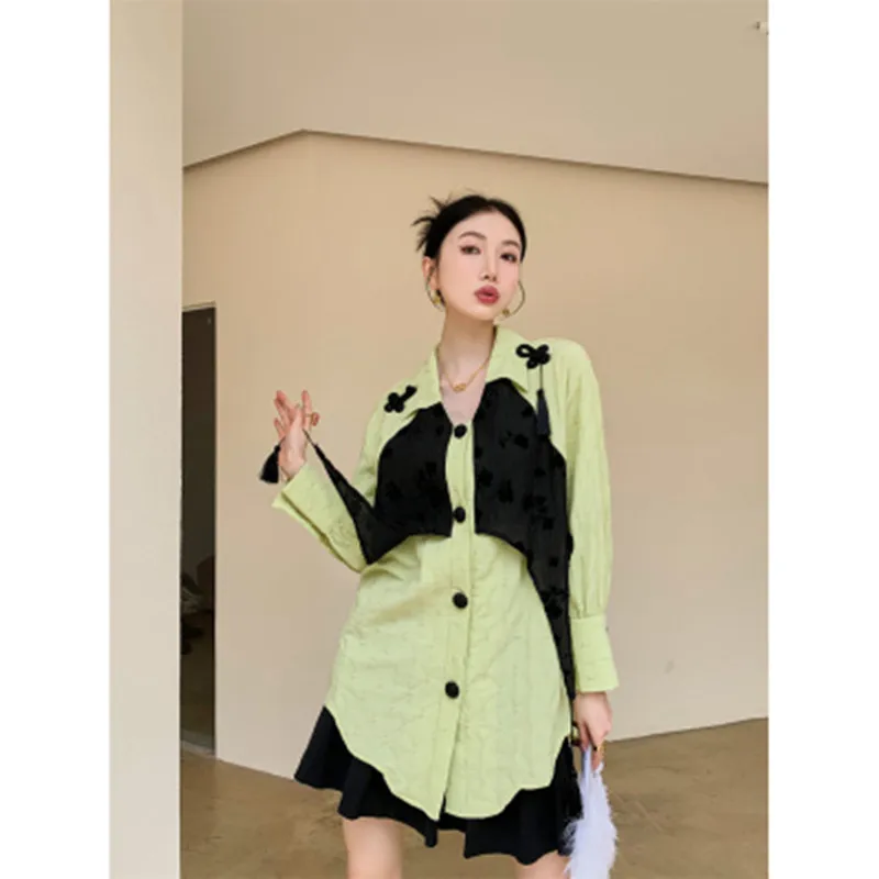 

BULOCHOVA Runway Spring and Autumn Chinese Knot Chic Blouse Women Lapel Single Breasted Casual Loose Straight Shirt Tops Female