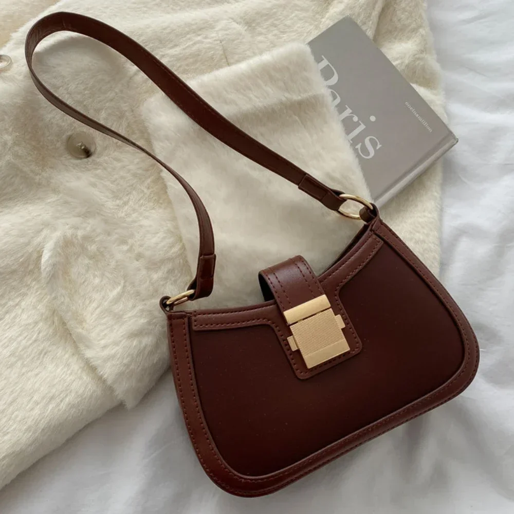 Leather Handbag Vintage Trendy Ladies Underarm Shoulder Bag Solid Color Lacquer PU Leather Handbag Women Fashion Brand Simple Female Chain Purse