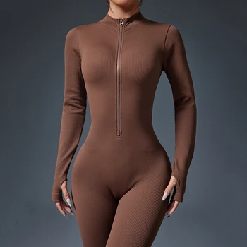 Half Zip Jumpsuit Women Gym Bodysuit Long Sleeve Activewear Set Running Workout Romper Fitness Overalls Sportswear Yoga Clothes