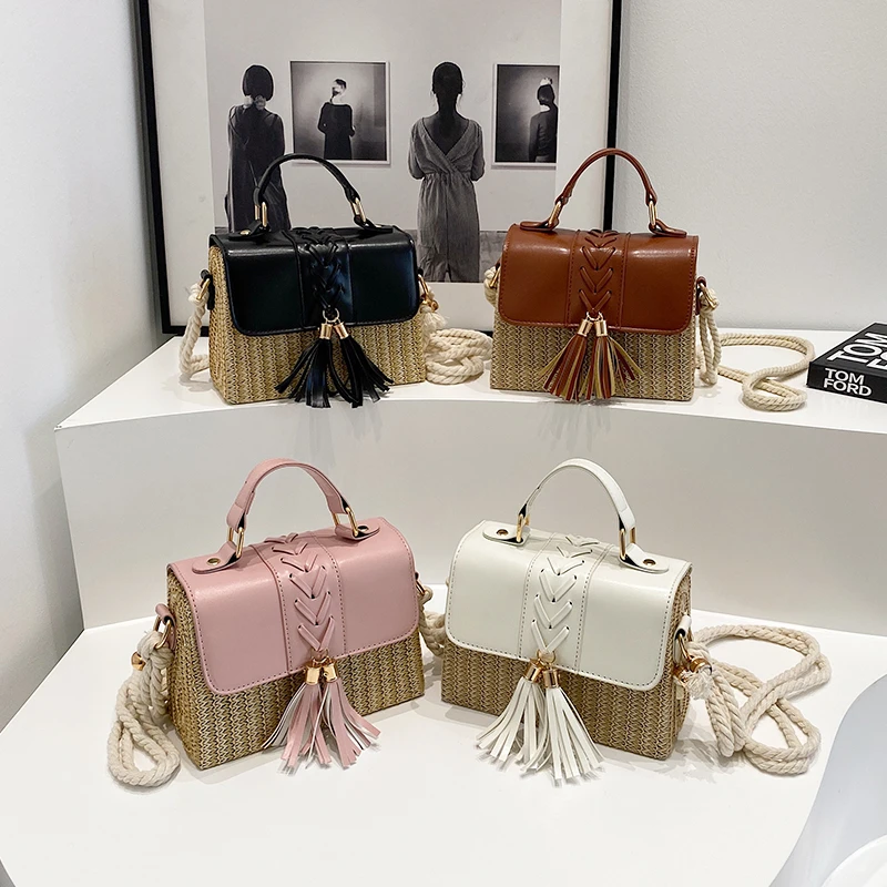Strand Stroh Umhängetasche für Frauen neue Designer Boho Sommer tasche Pu Leder Handtasche und Geldbörse Reise Umhängetasche – Detail 2