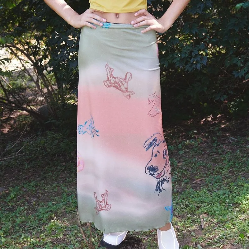 

Women Summer Long Skirt Dog Print Pink Gradient Casual Elastic Skirt for Beaches Club Streetwear Y2K Aesthetic Clothes