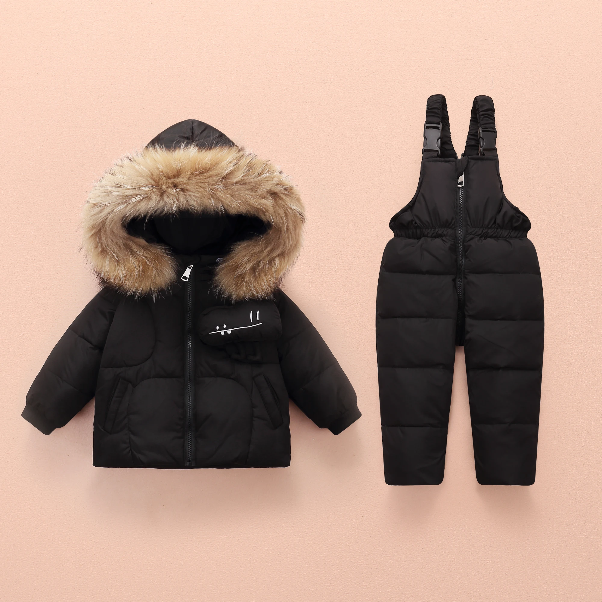 

Children Suits Girl Winter Overalls With Toy Baby Jumpsuit Boy Duck Down Parka Coat Fur Collar Hooded Windproof Jackets Clothes