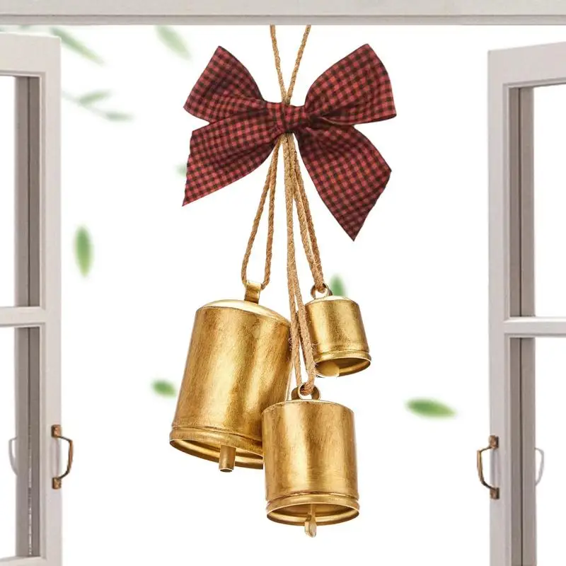 

Christmas Bells With Bow 3 Piece Set Handmade Cow Bells Christmas Tree Hanging Decorations Gold Painting Decoration Accessory
