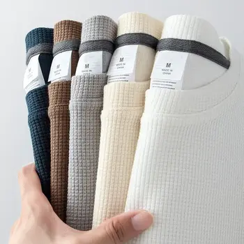 Waffle Short Sleeved T-shirt for Men and Women Summer Japanese Round Neck Half Sleeved Top Loose Casual Solid Color T-shirt 1