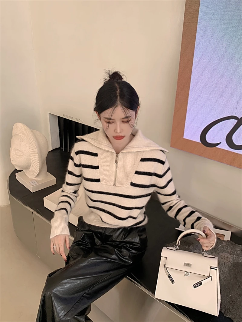 Women's Striped Sweater Zip Thick Fall Loose Turtleneck Knit Jumper Turn-down Collar Casual Oversize Fashion Women Sweaters