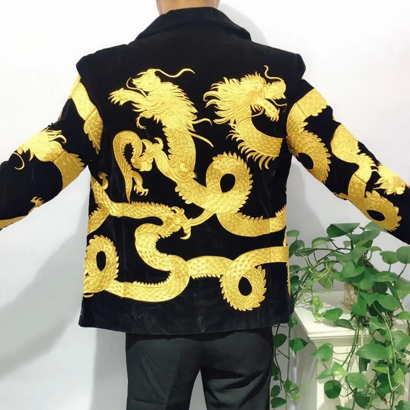 blazer suit Stylish Men Blazer Gold Embroidery Jacket Coat Nightclub Men Singer Host Costume Stage Wears Embroidery Badge Suit Evening Dress blazers